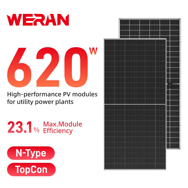 WERAN 595-625 W nagy formátumú kétoldalas napelem – OEM duplaüvegű PV modul közüzemi, EPC és nagykereskedelmi projektekhez